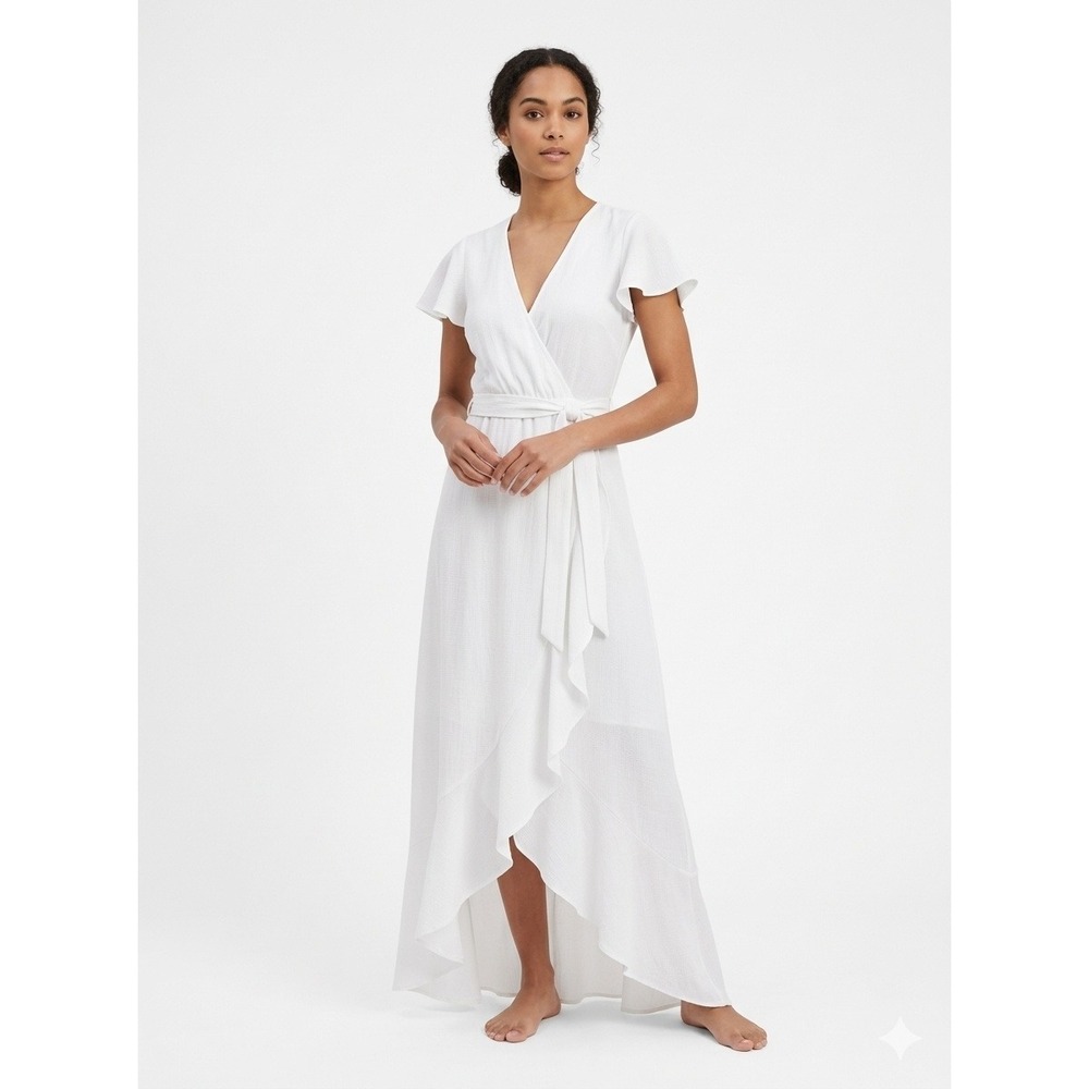 Fraiche by J Wrap Maxi Dress White Textured Flutter Sleeve - Small